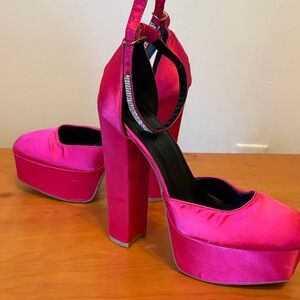 Women’s Hot Pink Satin Platform Block Heel Pumps with Ankle Strap